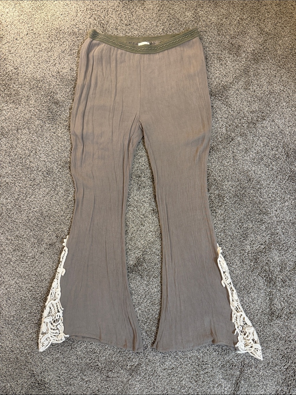 Hayden Taupe Flare Pants with White Crochet Hem